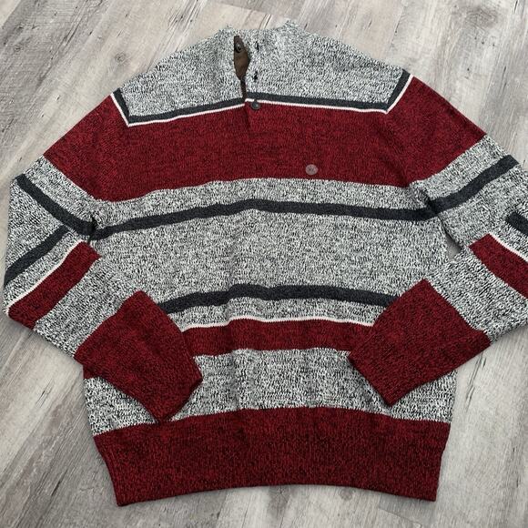 CHAPS Ralph Lauren 1/4 Button Sweater Mens XL Gray Red Striped Cotton Knit NEW - Picture 1 of 8